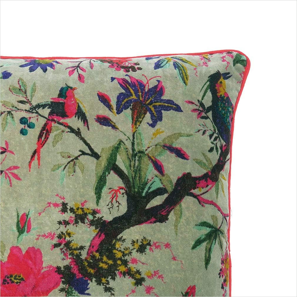 Eyes of India Boho Velvet Bird Print Throw Pillow Cover, Colorful Decorative Floral Cushion Case for Sofa Couch, Bohemian Chic Accent for Bedroom Living Room, 24x24 inch (60x60 cm), Green Olive