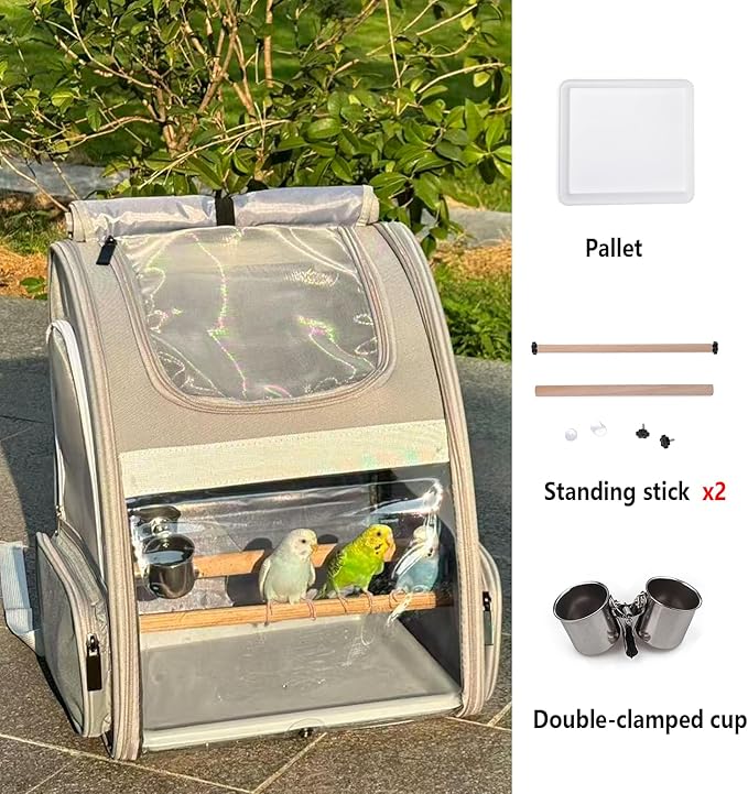 Bird Carrier,Travel Bird Cage,Bird Backpack for Small Birds Parakeet,Canary,Parrot, Finches,Cockatiel.Portable Outdoor Bird Bag with 2 Wooden Perch, Double-Clamp Cup, Detachable Poop Tray (Gray)