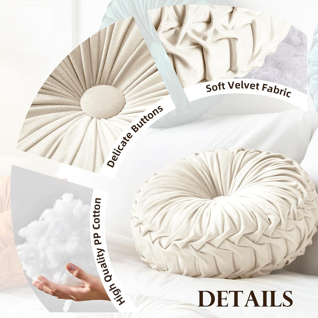 2 Pcs Round Throw Pillows Decorative Pumpkin Velvet Boho Pleated Bed Pillows Back Support for Couch Chair Dorm Car 14.96'' (Beige)