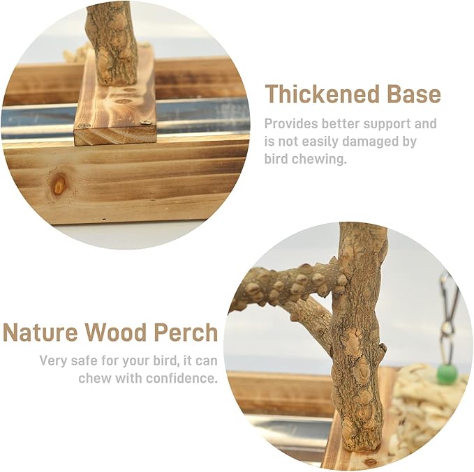 Natural Wood Bird Toys Playground, Bird Cage Accessories, Bird Perches, with Removable Tray and 2 Stainless Steel Cups