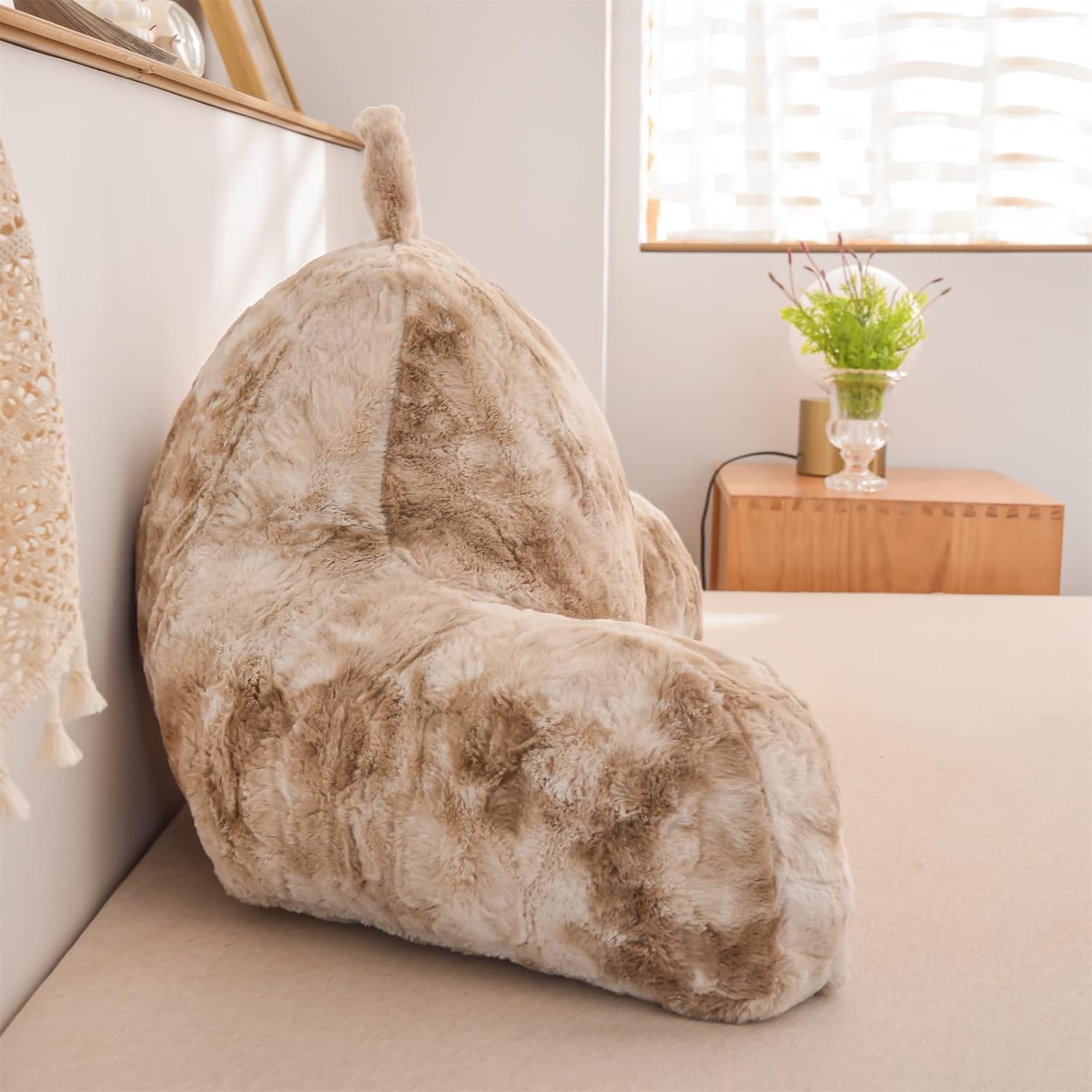 A Nice Night Faux Fur Soft Reading Pillow Bed Wedge Adult Backrest with Arms Back Support for Sitting Up in Bed/Couch for Bedrest, Tie Dyed Khaki
