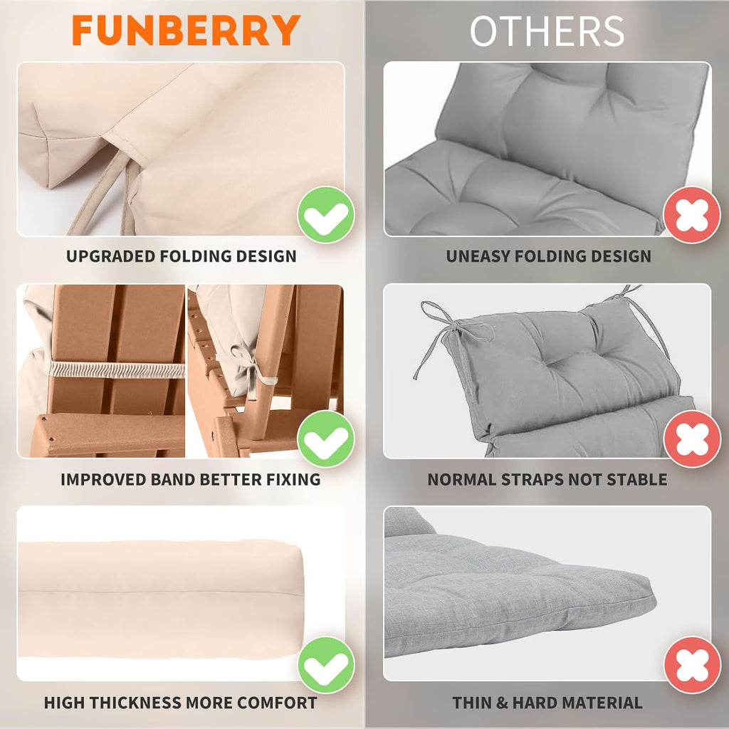 FUNBERRY Adirondack Chair Cushion, Thicken Comfy Cushions for Rocker Non Slip Fade Shield Waterproof High Back with Ties