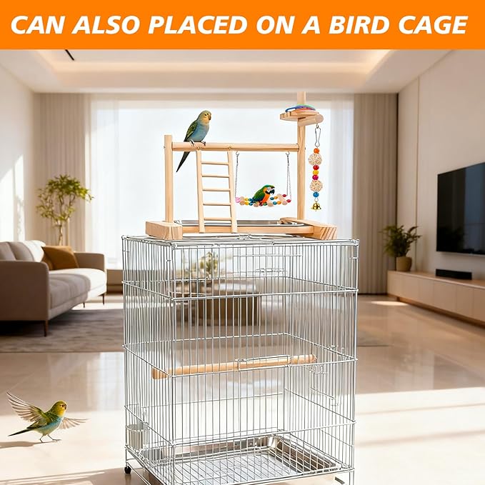 Bird Playground, Parrot Playstand Cockatiel Playground, Bird Play Stand with Feeder Cups, Swings, Ladder and Removable Tray, Parrot Perch Stand for Parakeet Conure Lovebird Budgie (2 Layers)