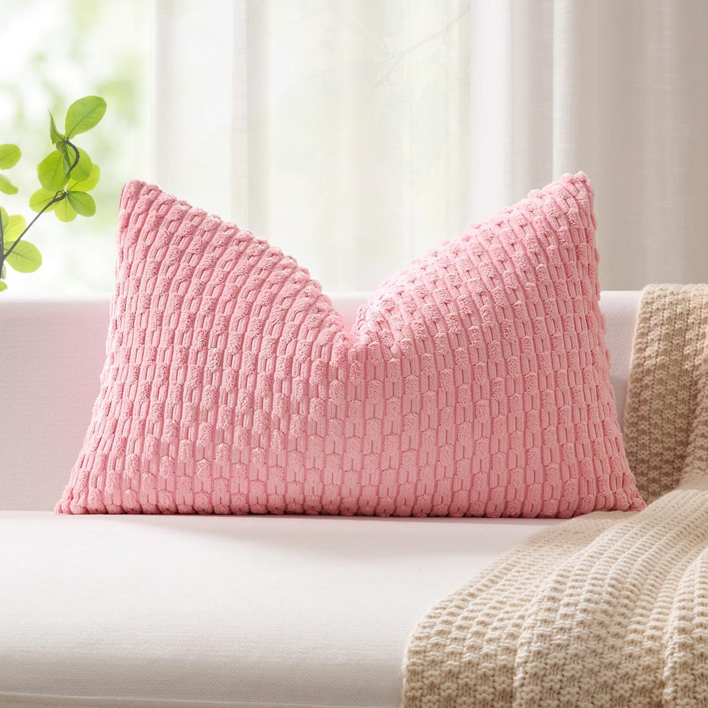 Kevin Textile Valentines Day 14x24 Inch Pillow Cover 1 Pack Boho Decorative Soft Striped Corduroy Lumbar Farmhouse Accent Rectangle Cushion Case for Living Room Couch Sofa Bed, Pink