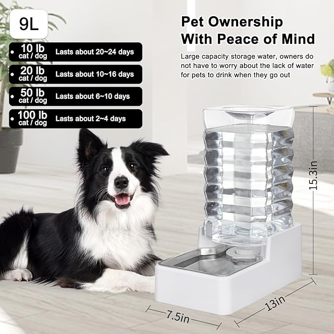 Sfozstra Dog Water Bowl Dispenser: 9L Lagre Automatic Gravity White Pet Water Dispenser - Stainless Steel Bowl - BPA-Free - Two Caps and Filters for Multiple Pets