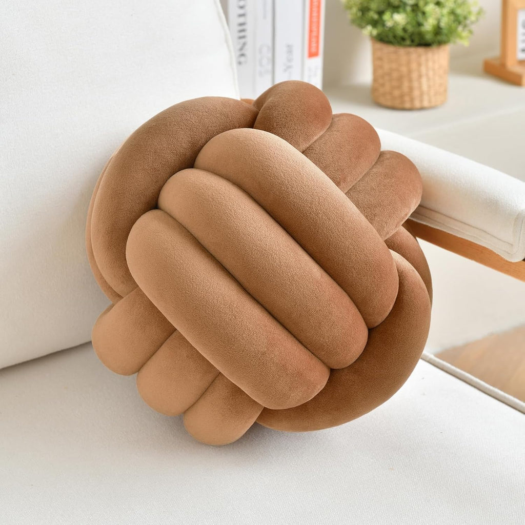 Decorative Throw Knot Pillow Ball for Home Chair Sofa Couch Bed Aesthetic Round Velvet Knotted Pillow Cushion (Coffee, 11 inches)