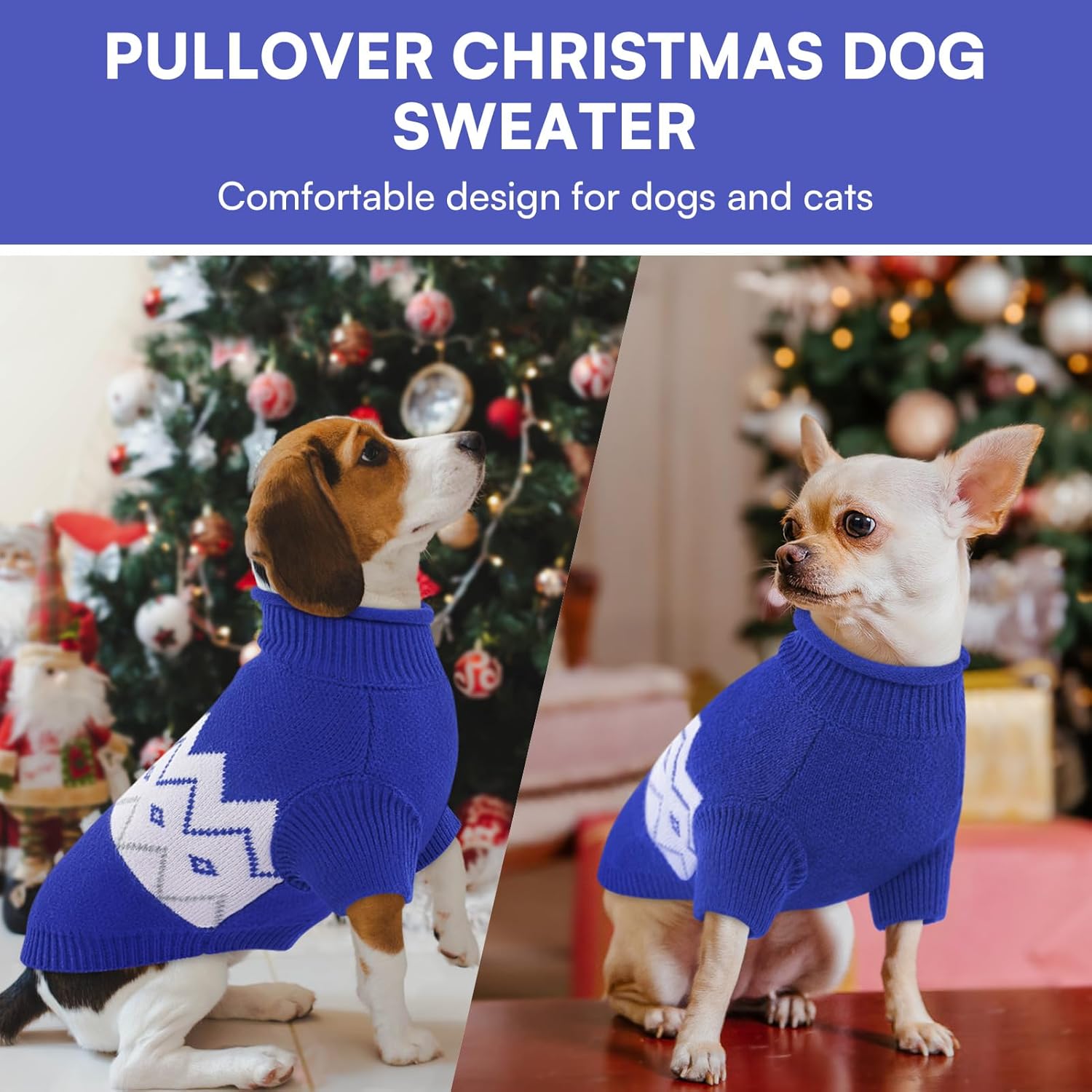 Queenmore Warm Dog Sweater, Soft Pet Knitwear, Knitted Pullover, Winter Pet Clothes for Small Medium Dogs Cats Blue
