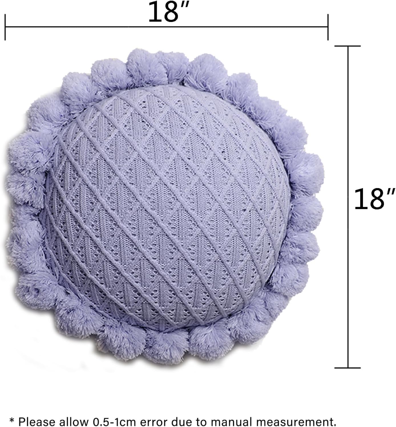 Acrylic Knitted Round Throw Pillow Knitting Bohemian Circular Cushion Pillow with Knit Handmade Pompoms Decorative Romantic Purple, Diameter 18inches