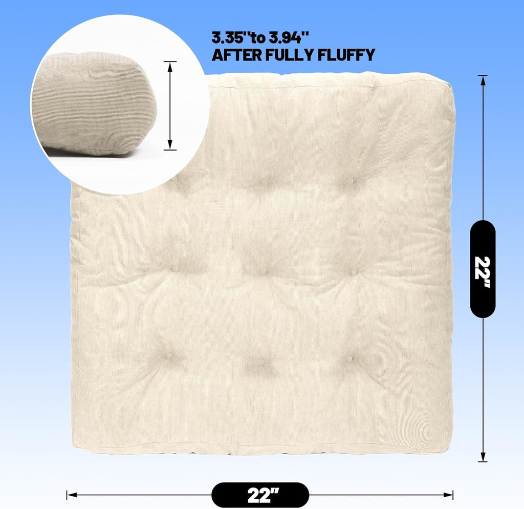 Meditation Floor Pillow Set of 2, Square Large Pillows Seating for Adults, Tufted Corduroy Cushion for Tatami Living Room, 22x22 Inch FP-Beige