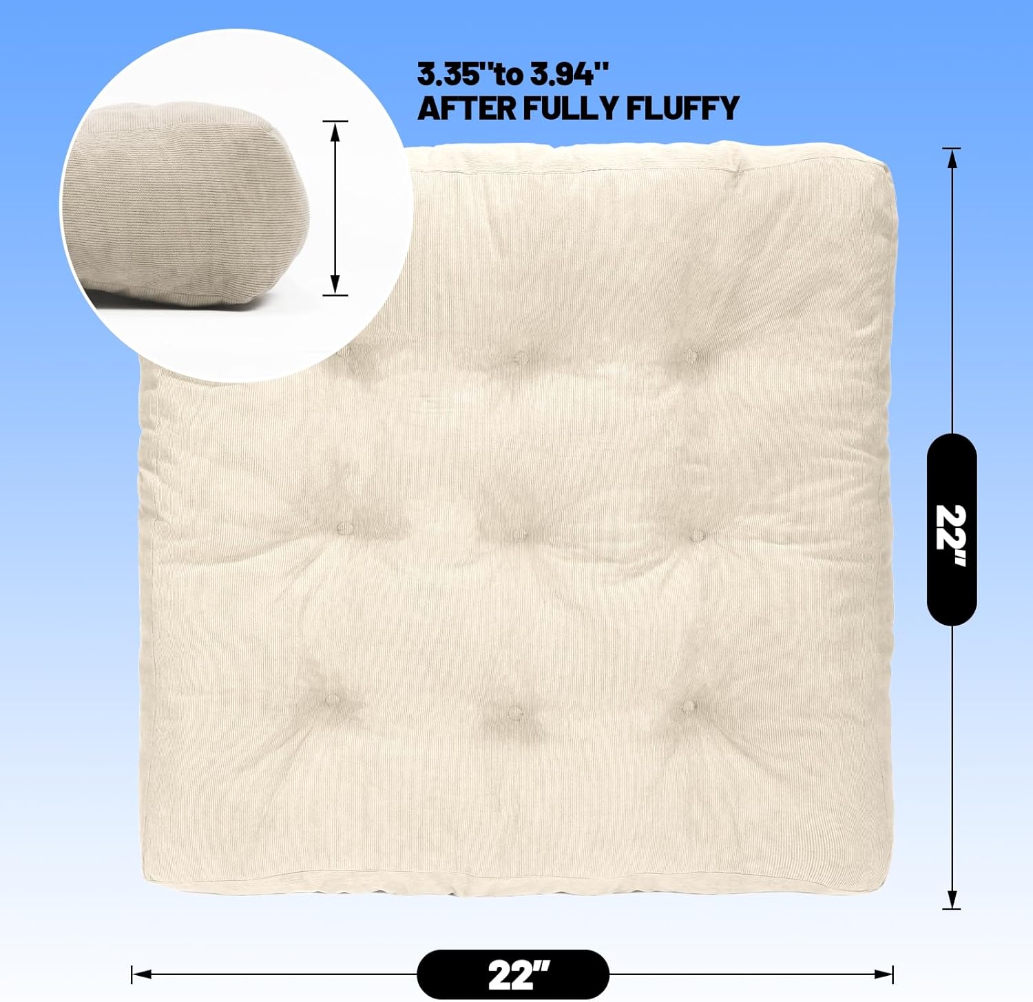 Meditation Floor Pillow Set of 2, Square Large Pillows Seating for Adults, Tufted Corduroy Cushion for Tatami Living Room, 22x22 Inch FP-Beige