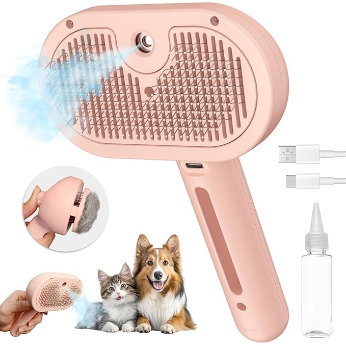 3-in-1 Steam Brush with Release Button and Tank, Anti-Static Pet Brush for Long and Short Hair - Removes Tangles and Loose Hair (Pink)