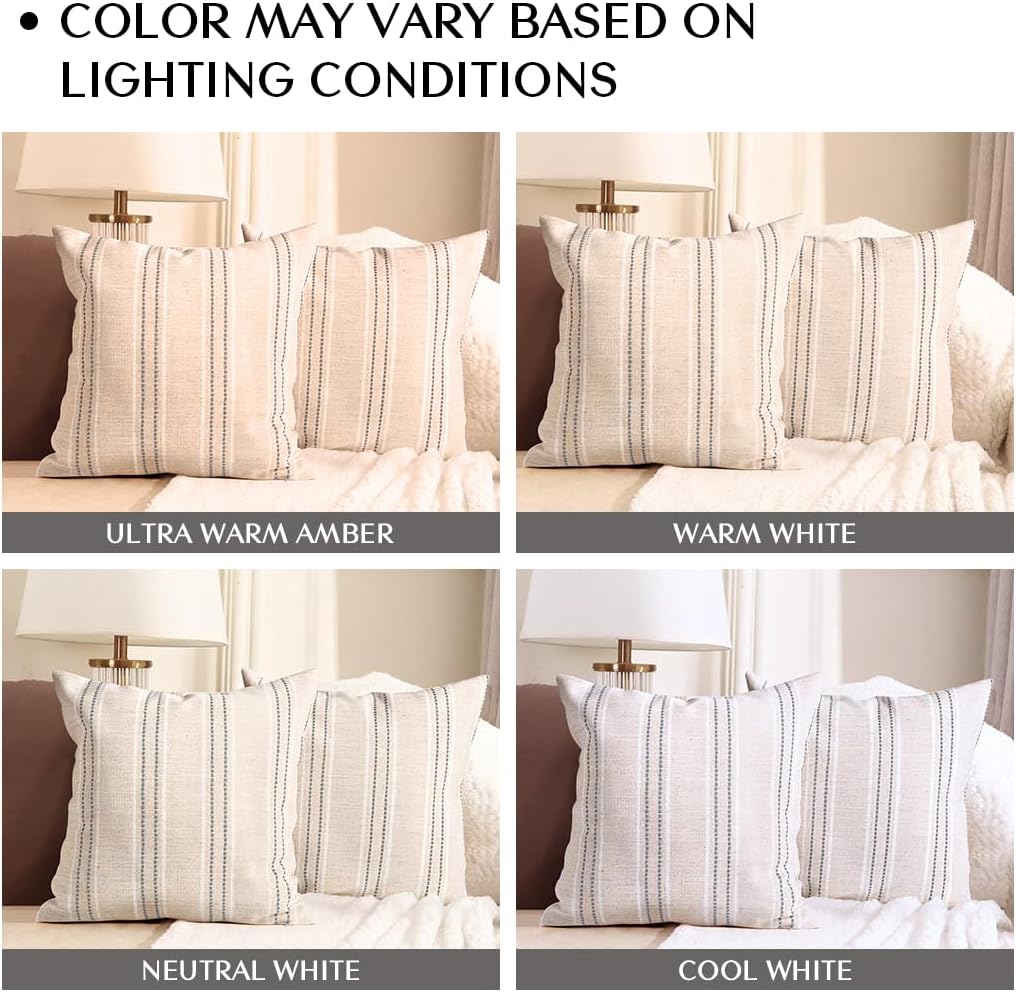 AELS 24x24 Decorative Farmhouse Linen Throw Pillow Covers, Boho Textured Pillow Case, Set of 2, Beige with White & Gray Stitch Yarn Dyed Stripe Cushion Cover for Sofa Couch Living Room (Cover ONLY)