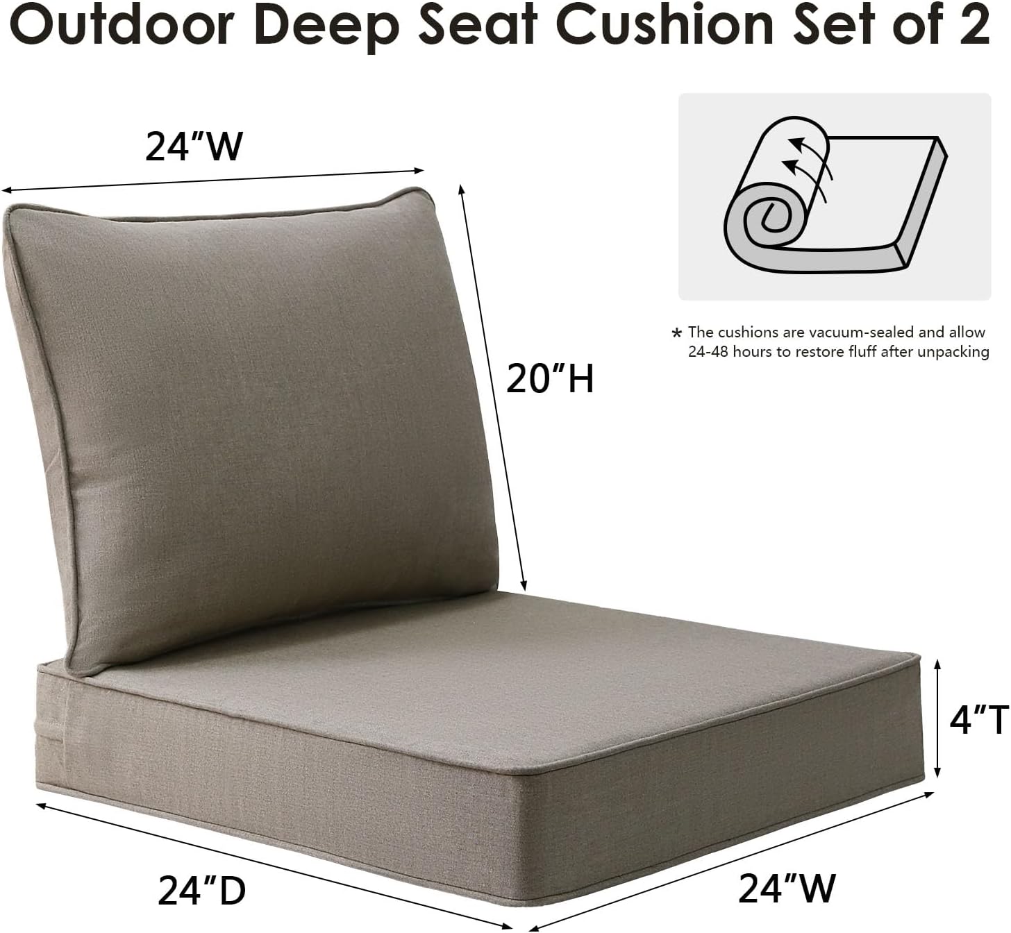 Sunbrella Outdoor Patio Chair Cushions Set, 24" x 24", Set of 2, Water-Repellent, Fade Resistant, Deep Seat Cushion for Backyard, Couch, Sofa and Patio Furniture, Cast Shale