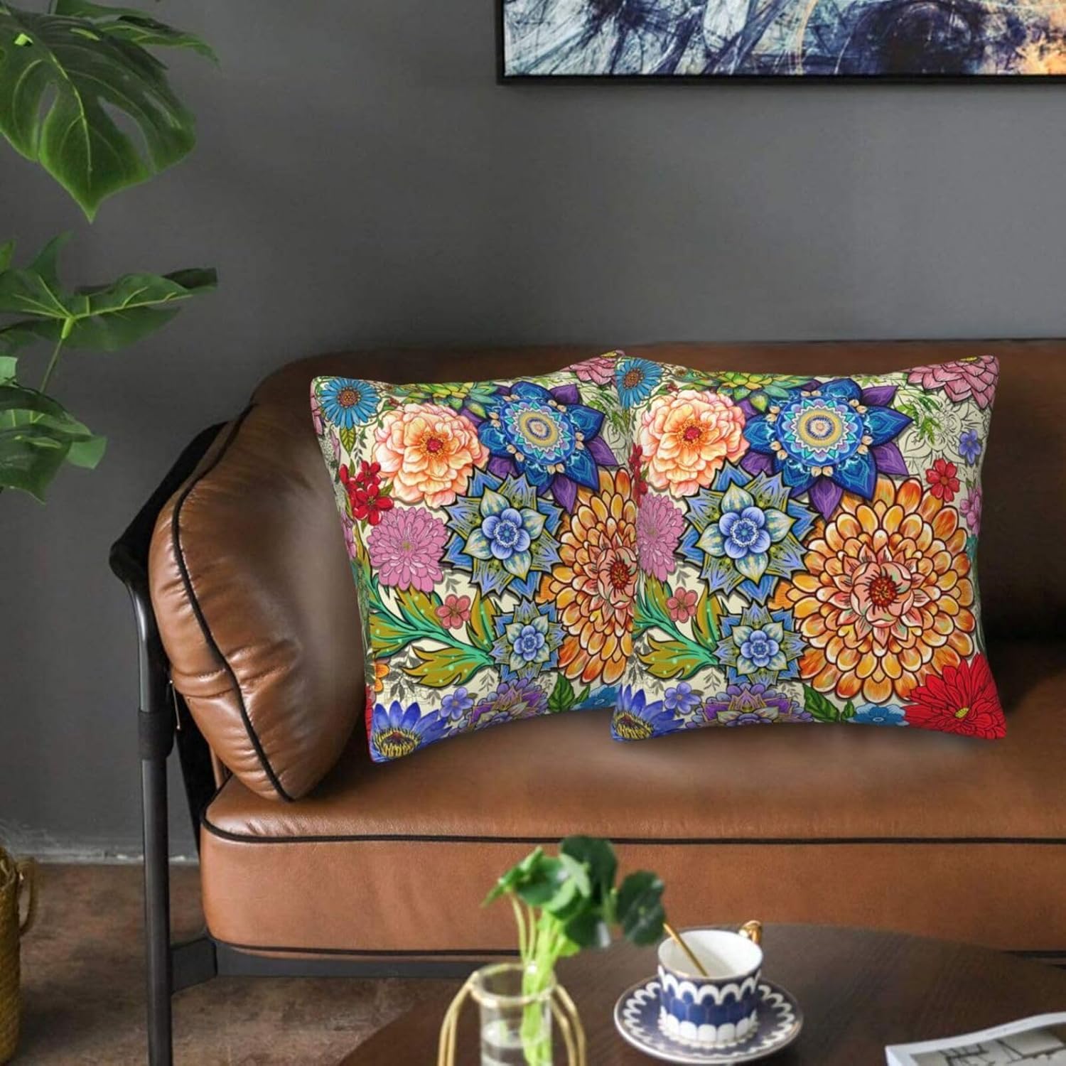 Boho Floral Throw Pillow Covers 18x18 Inch, Colorful Boho Flowers Throw Pillow Cases Set of 2, Decorative Cushions Pillowcase for Couch Office Car Sofa Living Room Bedroom Farmhouse Home Decor