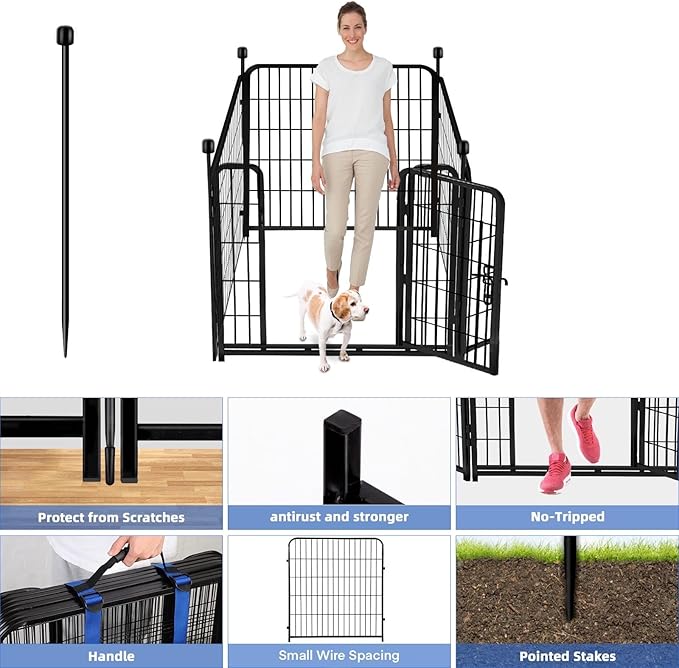 ADAVIN Tall Garden Fence with Low Threshold Door,54 in(H) 4 Panels Total 8.8 Ft(L) Fencing for Dogs, Garden Fence Animal Barrier, Black Iron Metal Heavy Duty Dog Fence Outdoor for Yard