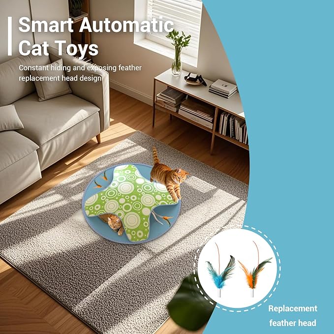 Interactive Cat Toy, 2-in-1 Automatic Cat Toys with Hide/Seek Mode, Moving Concealed Feathers, Two Speed Adjustable & Smart Touch Wake Up - Kitten Play for Indoor Cats (Green)