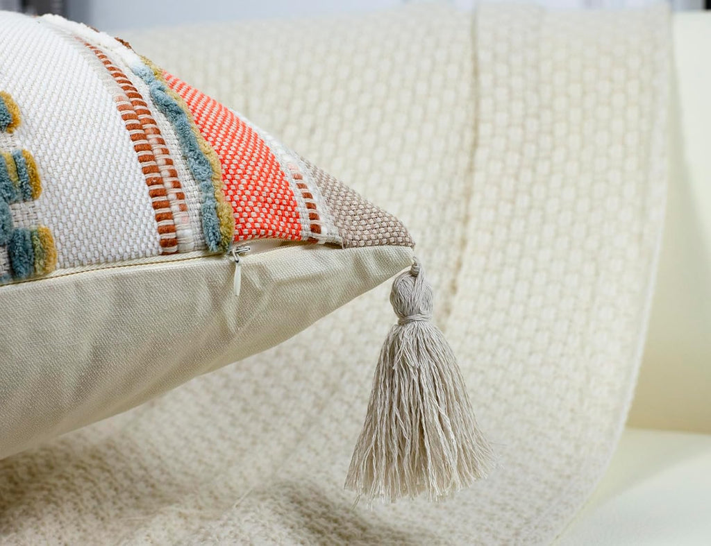 PANOD Chenille Farmhouse Throw Pillow Covers 18 x 18 Orange, Neutral Boucle Couch Pillow Cover, Striped Decorative Boho Coushion Cover Pillow Case for Couch Bed Sofa Bedroom,Modern Accent,Set of 2