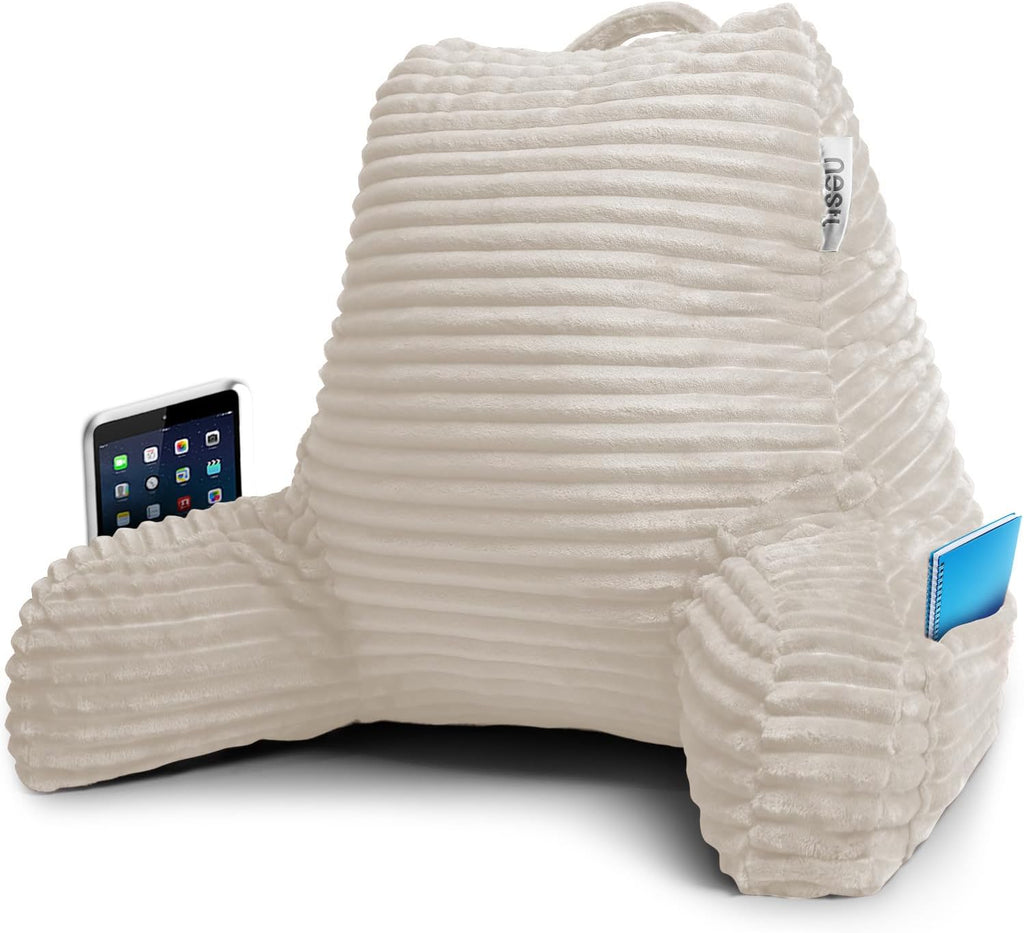 Nestl Reading Pillow with Shredded Memory Foam, Luxe Cut Plush Back Pillow for Sitting Up in Bed, Back and Arms Adjustable Support for Adult & Teens, Backrest Pillows with Washable Cover Linen