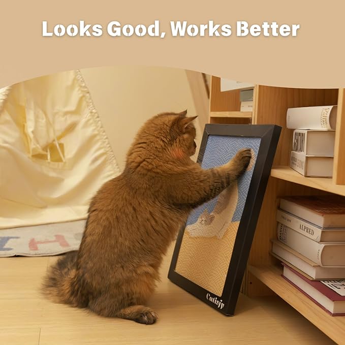 Wall Art Cat Scratcher, Decorative Vertical Cat Scratching Board, 17x12 Framed Cardboard Scratch Pad with Renter-Friendly No-Drill Wall Mount, Indoor Cat Toy & Furniture Protector(Stretching Kitty)