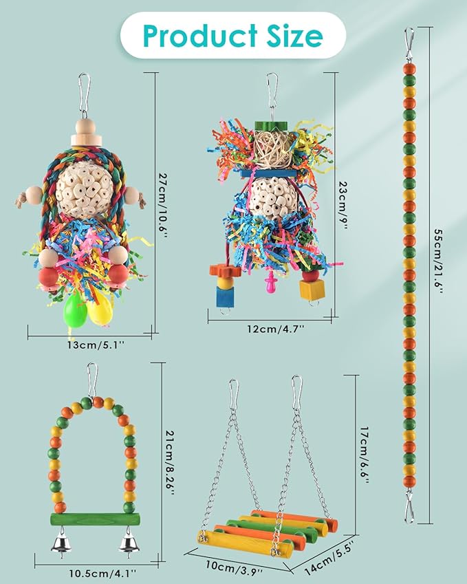 Bissap Conure Toys, 5 PCS Parrot Foraging Shredder Hanging Toys Sola Balls with Sand Hammer Perch Swing Climbing Ladder for Small Parrots Parakeets Conures Cockatiels Love Birds Cage Toy