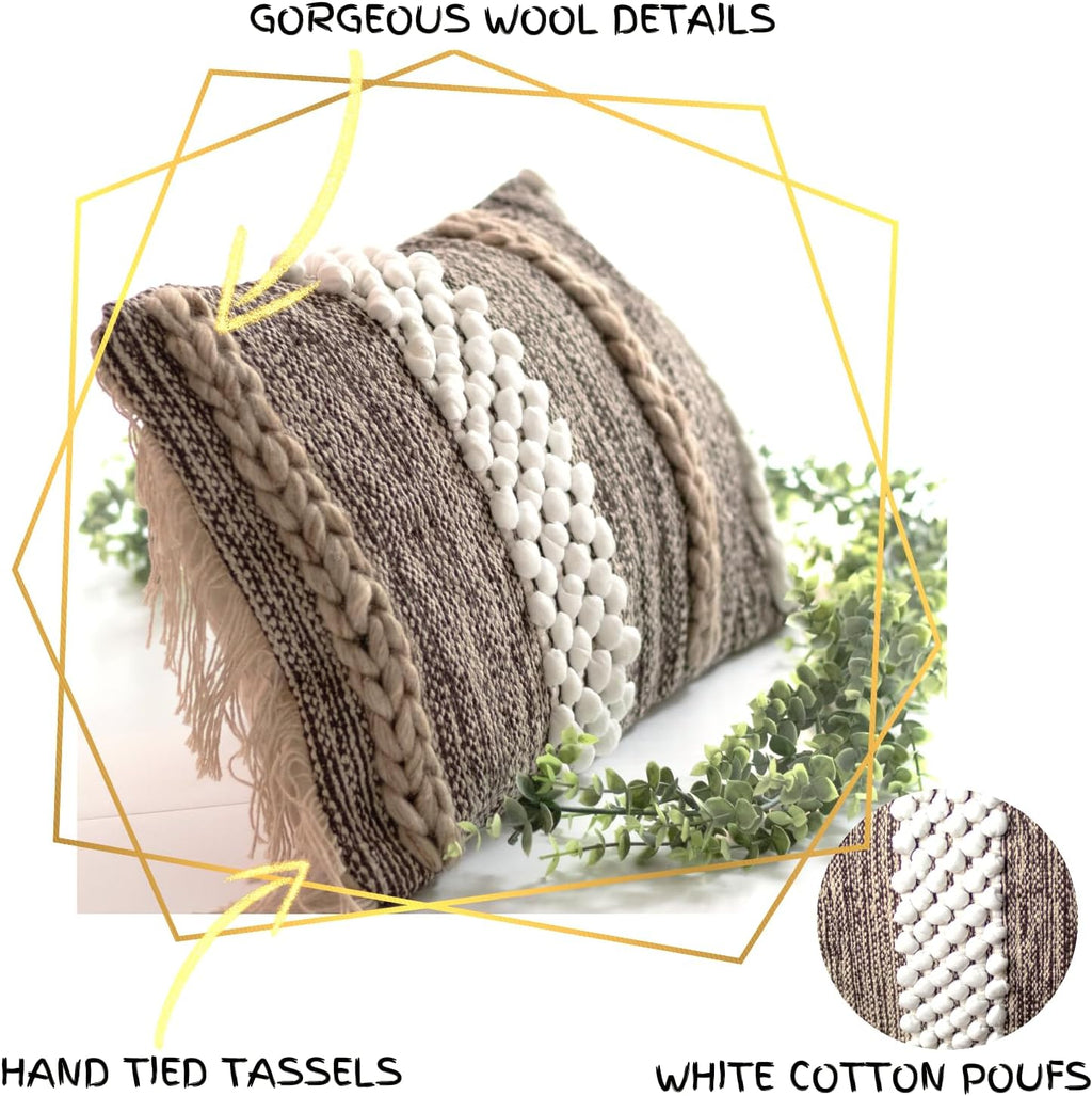 Decorative Boho-Chic Lumbar Pillow Cover 12x20 Premium Handwoven Tufted Cotton &Wool Accent Pillows, Earthy Color Throw Cushion, Farmhouse & Bohemian Home Decor (Limited Edition Cover Only)