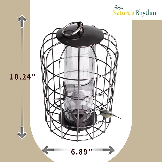 Nature's Rhythm Outdoor Hanging Bird Feeder Cage PC Tube Squirrel Proof Wild Bird Feeder with Large Metal Seed Guard Deterrent Green