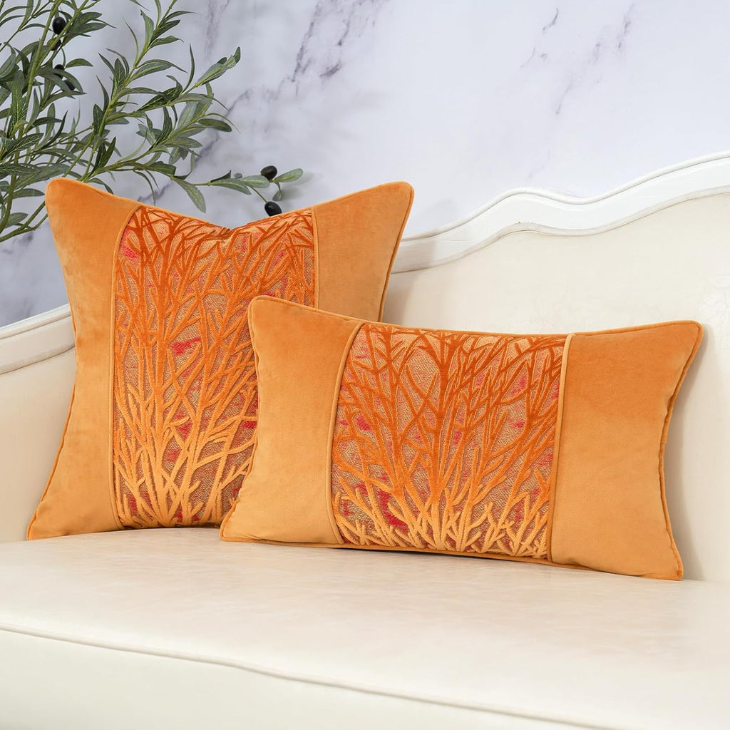Yangest Orange Yellow Twigs Throw Pillow Cover Velvet Branches Velvet Cushion Case Neutral Pillowcase for Sofa Couch Bedroom Living Room Home Decor,20x20 Inch