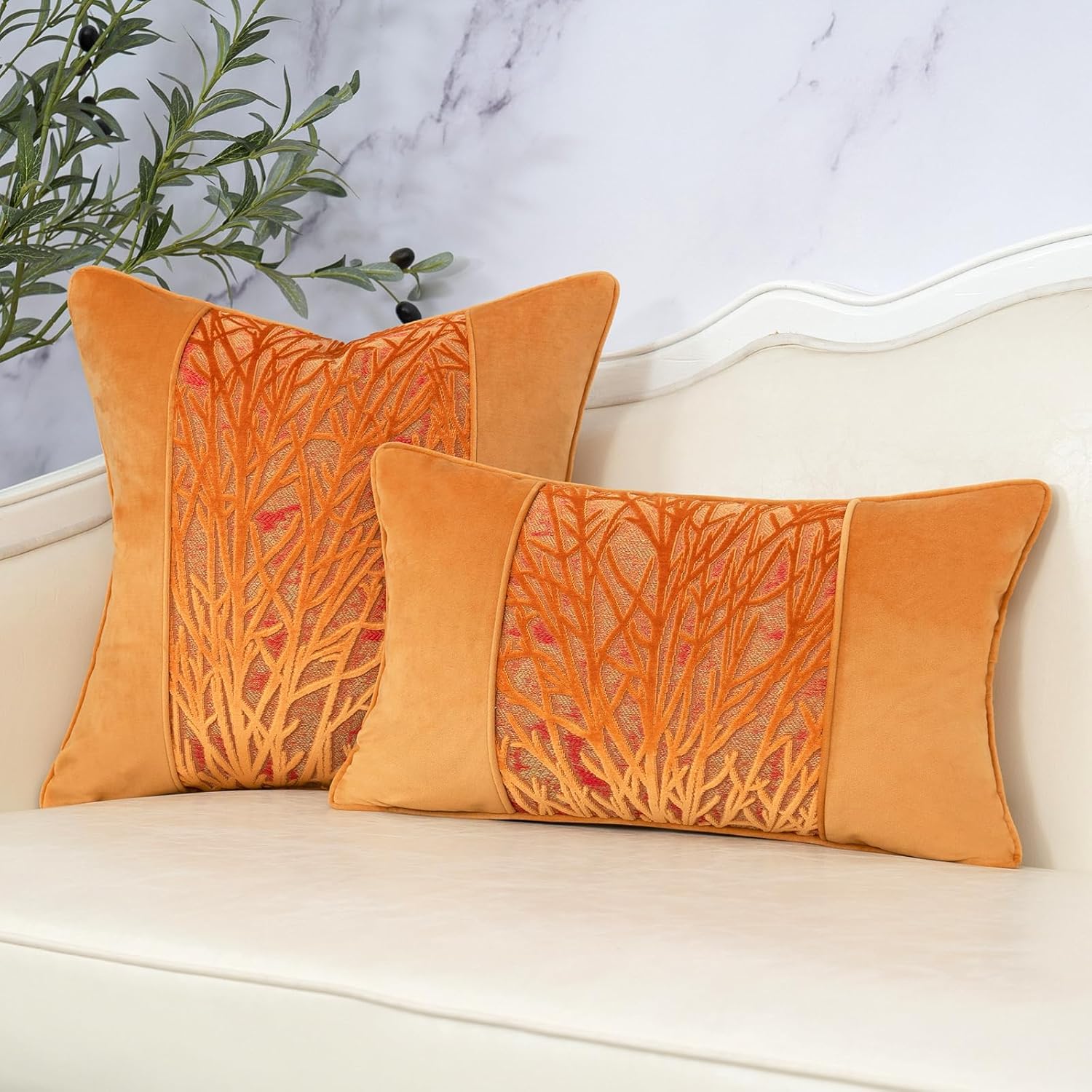 Yangest Orange Yellow Twigs Throw Pillow Cover Velvet Branches Velvet Cushion Case Neutral Pillowcase for Sofa Couch Bedroom Living Room Home Decor,20x20 Inch