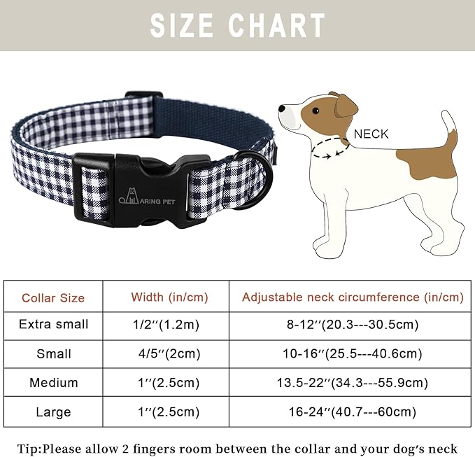 ARING PET Dog Collar, Cute Adjustable Comfortable Cotton Navy White Plaid Pet Collars for Small Medium Large Male Female Boy Girl Dogs-Small