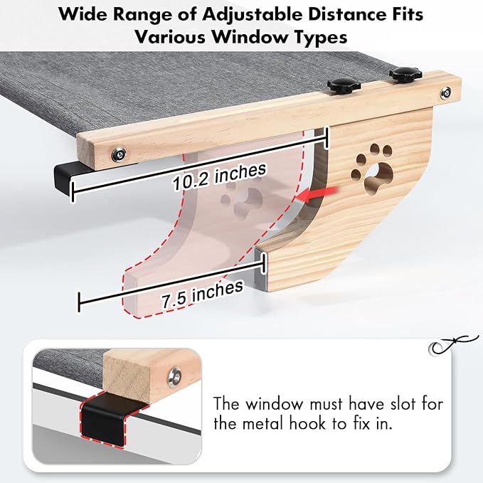 AMOSIJOY Cat Sill Window Perch Sturdy Cat Hammock Window Seat with Wood & Metal Frame for Large Cats, Easy to Adjust Cat Bed for Windowsill, Bedside, Drawer and Cabinet