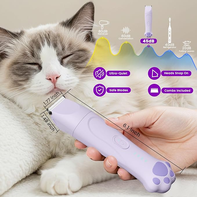 Dog Paw Trimmer - 4-in-1 Dog Clippers Grooming Kit with Low Noise & IPX7 Waterproof Design Includes Comb Paw Trimmer Nail Grinder - Rechargeable & Cordless Pet-Friendly Clipper (Purple)