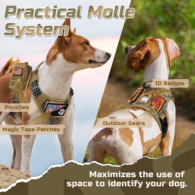 rabbitgoo Tactical Dog Harness for Large Dogs, No Pull Military Service Vest with Handle & Molle, Easy Control for Training Walking, Adjustable Reflective Straps, Brown camo, XL