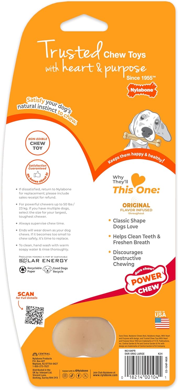 Nylabone Original Bone Power Chew Toy for Dogs, Durable & Tough Dog Toys for Aggressive Chewers, Original Flavor, Large - Up to 50 Ibs, 1 Count