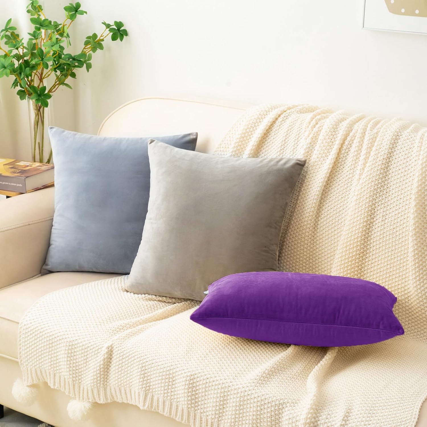 HWY 50 Purple Velvet Throw Pillow Covers 16x16 Inch, Pack of 2 Soft Cozy Solid Decorative Luxury Cushion Cases for Couch Sofa Bed Living Room Bedroom