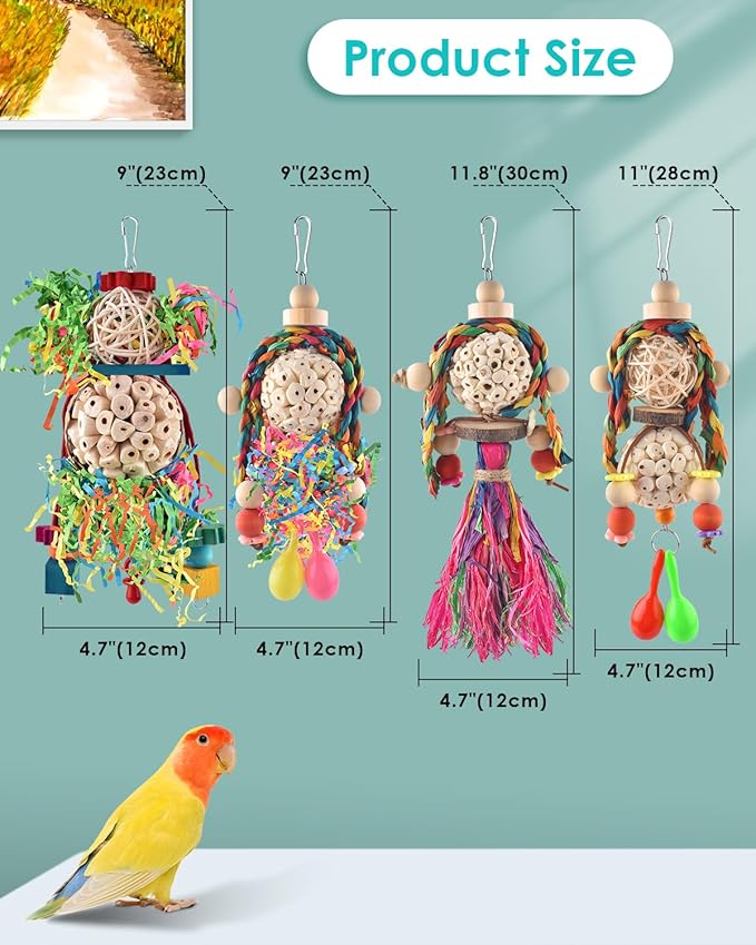 Bissap Conure Toys, 4 PCS Bird Parrot Foraging Shredder Hanging Toys Sola Balls with Sand Hammer for Small Parrots Parakeets Conures Cockatiels Love Birds Cage Toy