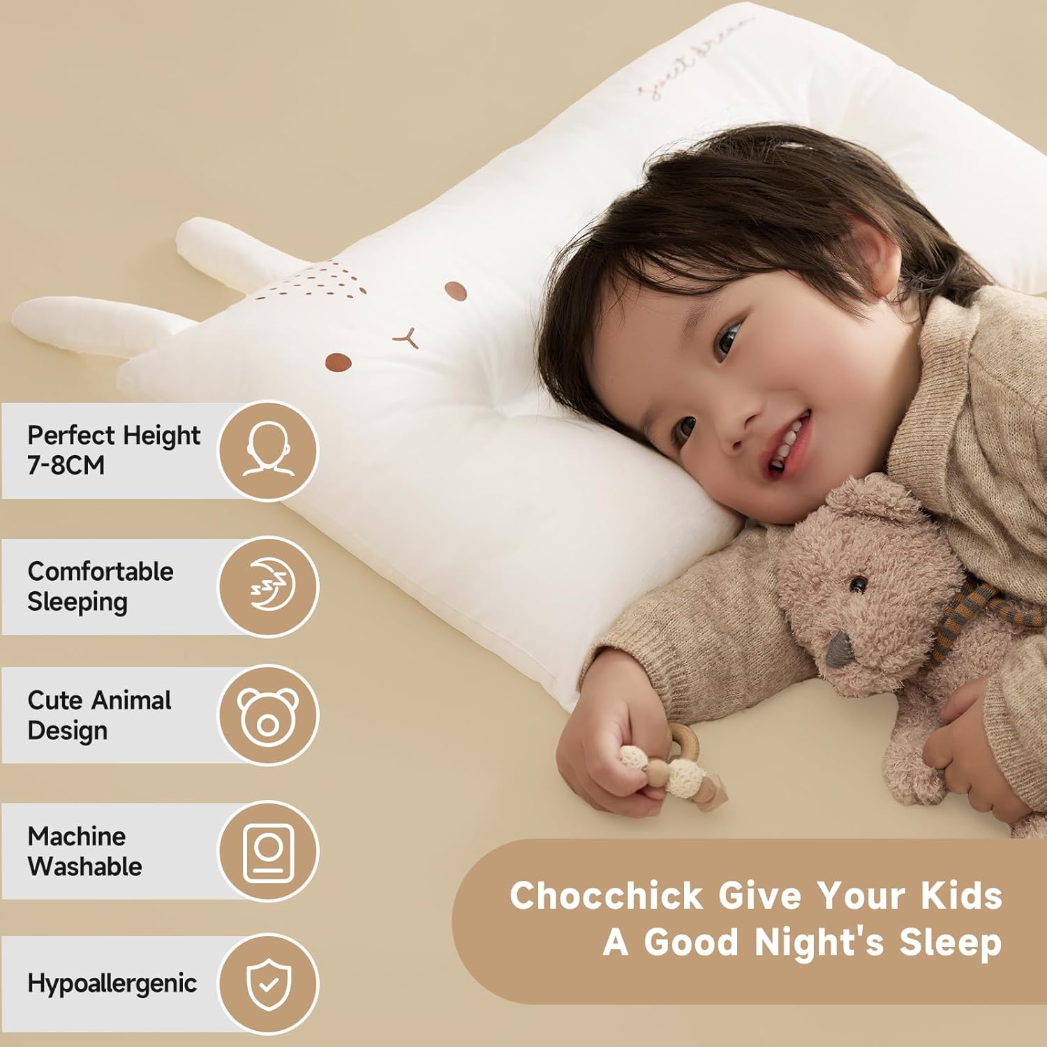 Choc chick Toddler Pillow,20X12inches Machine Washable 100% Cotton Pillowcase Soft Hypoallergenic Kids Pillows,Child Cute Animal Perfect Toddler Pillows for Sleeping 2 Years Old (Rabbit)