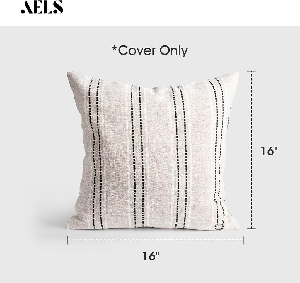 AELS 16x16 Decorative Farmhouse Linen Throw Pillow Covers, Boho Textured Pillow Case, Set of 2, Beige with White & Black Stitch Yarn Dyed Stripe Cushion Cover for Sofa Couch Living Room (Cover ONLY)