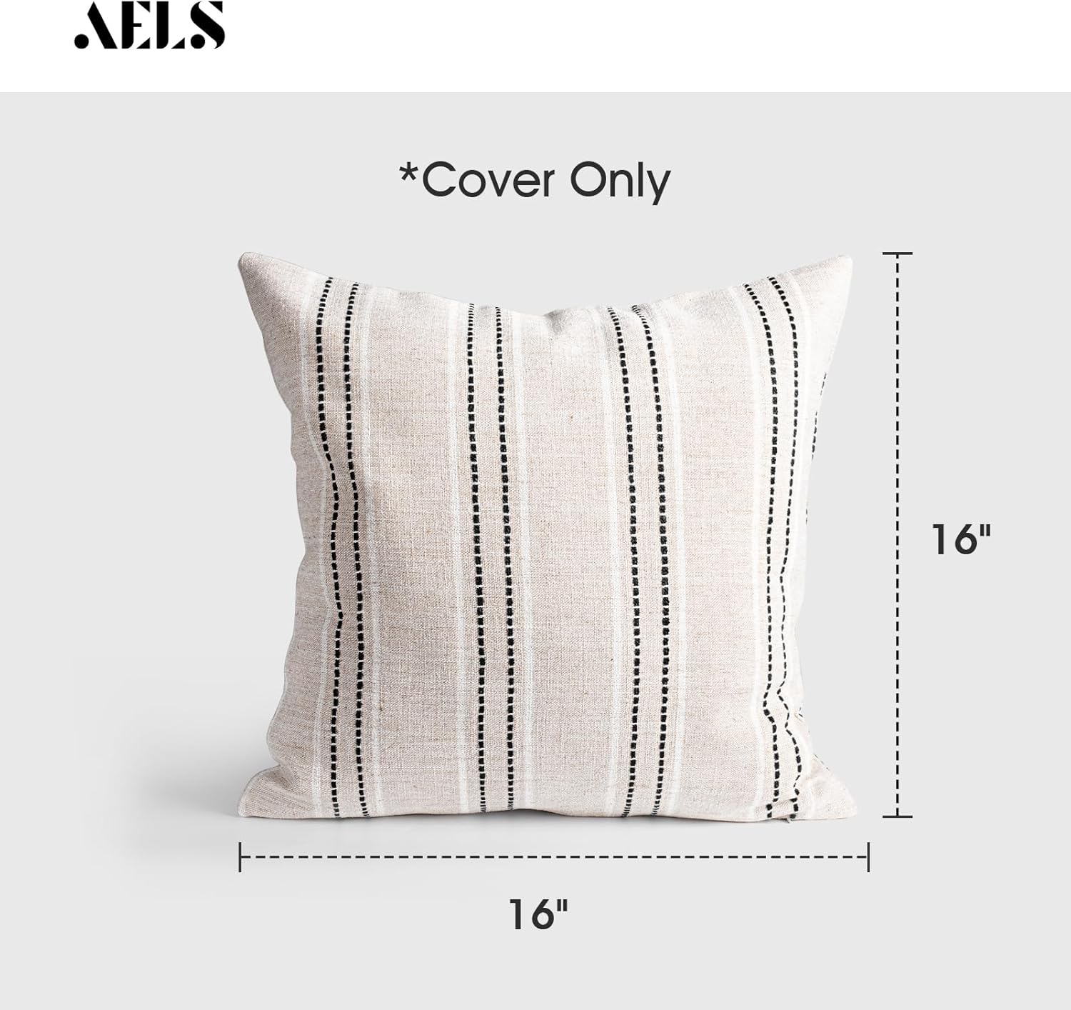 AELS 16x16 Decorative Farmhouse Linen Throw Pillow Covers, Boho Textured Pillow Case, Set of 2, Beige with White & Black Stitch Yarn Dyed Stripe Cushion Cover for Sofa Couch Living Room (Cover ONLY)