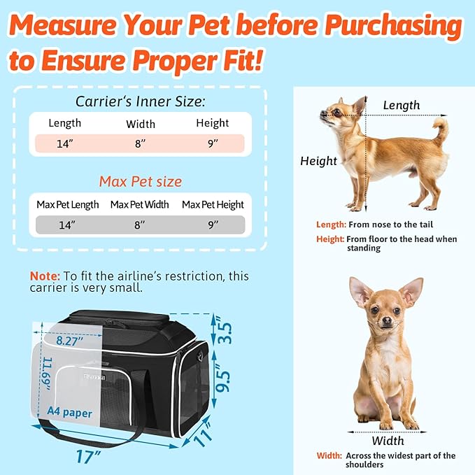 Petskd Top-Expandable Pet Carrier 17x11x9.5 Inches Alaska Airline Approved, Soft-Sided Carrier for Small Cats and Dogs with Locking Safety Zippers and Anti-Scratch Mesh(Black)