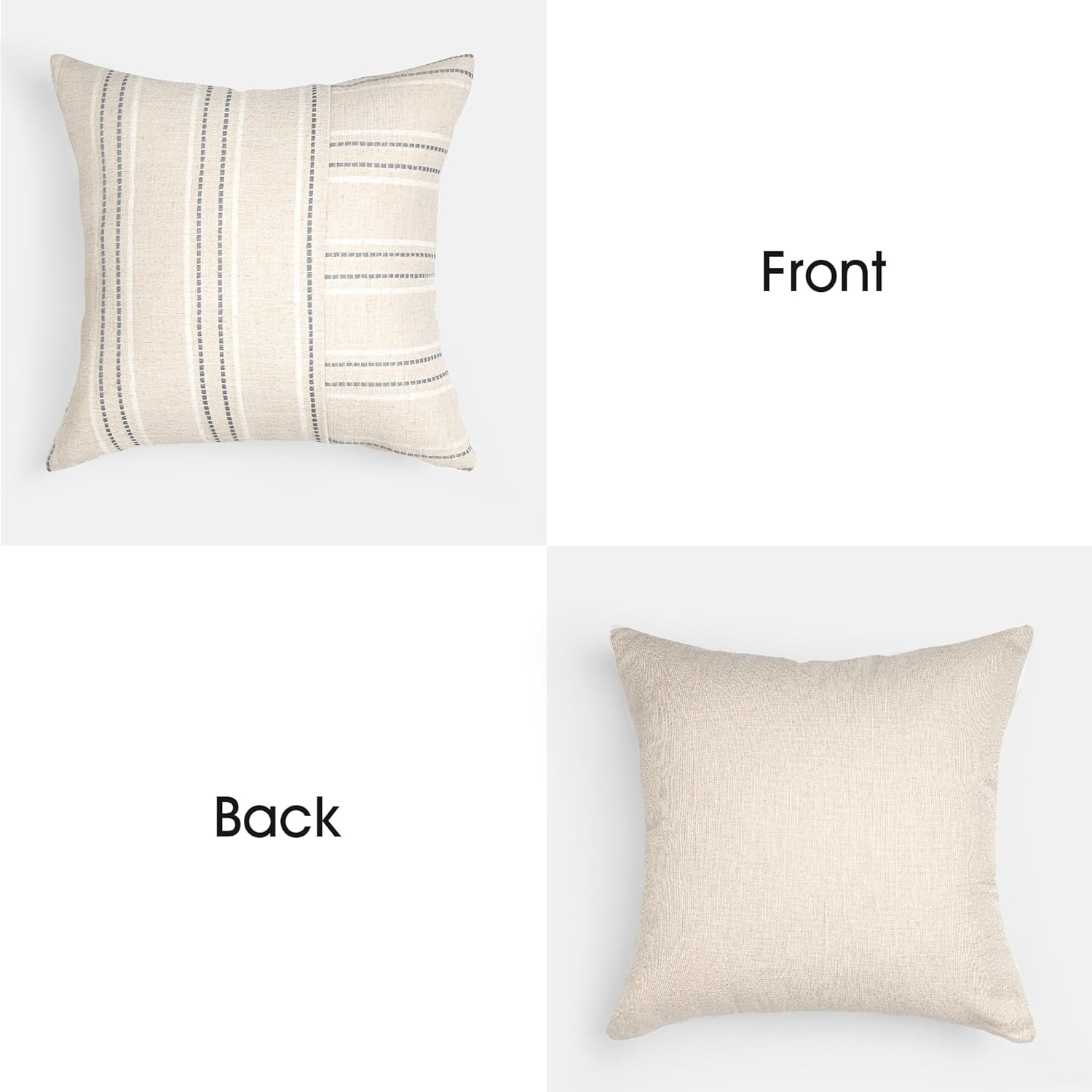 AELS 24x24 Decorative Farmhouse Linen Throw Pillow Covers, Boho Textured Pillow Case, Set of 2, Beige with White & Gray Stripe Patchwork Cushion Cover for Sofa Couch Living Room (Cover ONLY)
