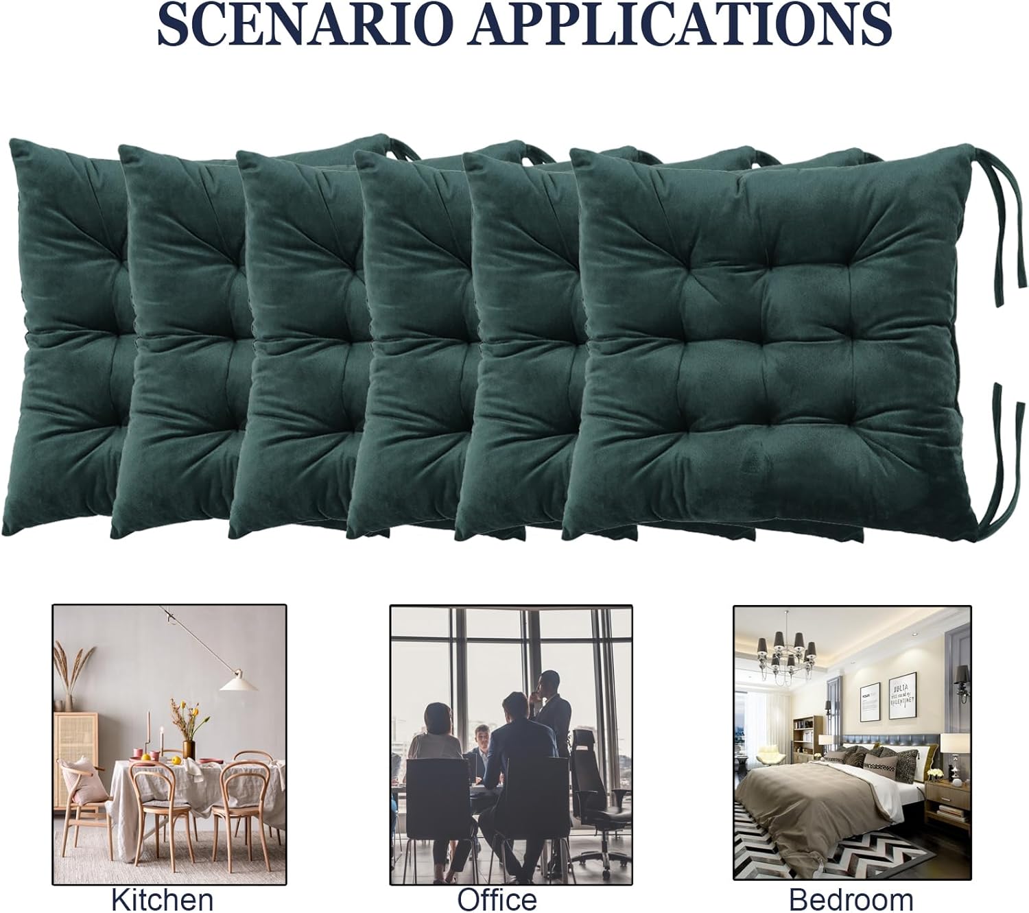 6 Pack Square Seat Cushion Chair Pads for Kitchen Dining Chairs, Soft Comfort Velvet Chair Mat Pillow Cushions with Ties for Office Desk Living Room Tatami 15.5", Dark Green