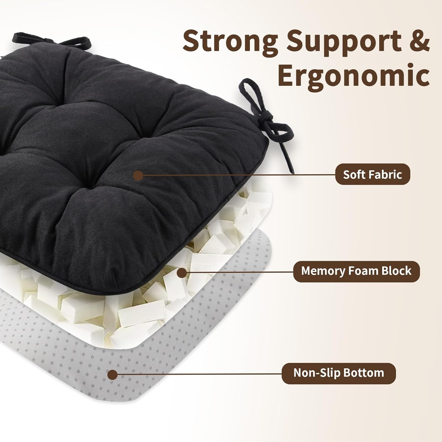 Chair Cushions for Dining Chairs, Tufted Foam Kitchen Chair, Non-Slip Seat Cushions with Ties Set of 4, 15.5" x 15.5" x 4", Black