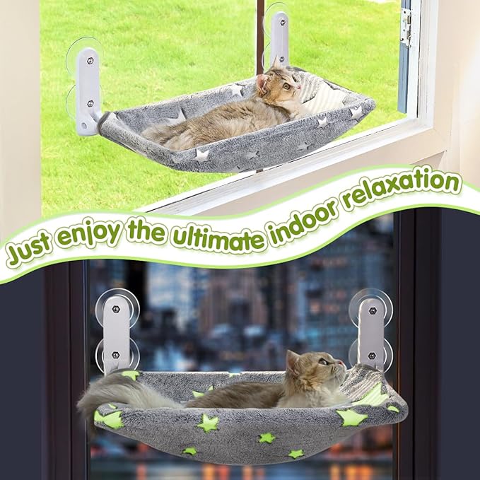 Cat Window Perch, Glow in The Dark Cordless Foldable Pet Hammock Bed for Window with Sturdy Metal Frame, Glowing Stars Pattern Resting Seat for Indoor Cats (Stars - L)