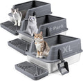 3 Pack Stainless Steel Litter Box, XL 22.9” x 15” x 10.3” High Sided Metal Cat Litter Tray with Scoop, Filter Pedal for Anti-Splash, Non-Sticky, Easy to Clean (Dark Grey)