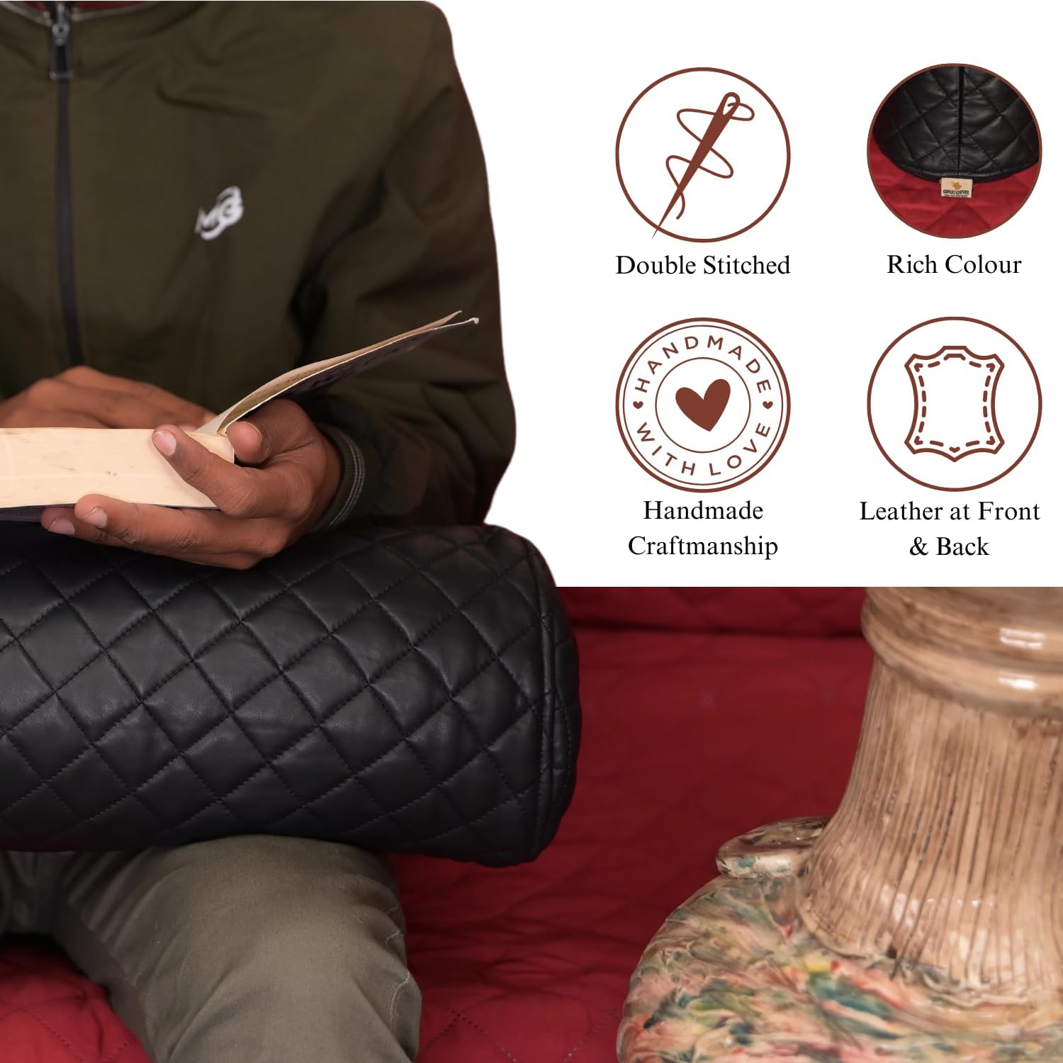 Neck Roll Pillow Cushion Cover, 22x5 Inch Full Moon Round Bolster Pillow Case, Cylinder Soft Lambskin Leather Pillowcase for Head, Spine & Neck Support During Sleep - Quilted Black Pack of 1