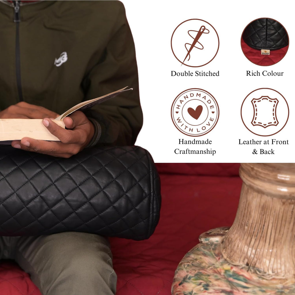 Neck Roll Pillow Cushion Cover, 14x5 Inch Full Moon Round Bolster Pillow Case, Cylinder Soft Lambskin Leather Pillowcase for Head, Spine & Neck Support During Sleep - Quilted Black Pack of 1