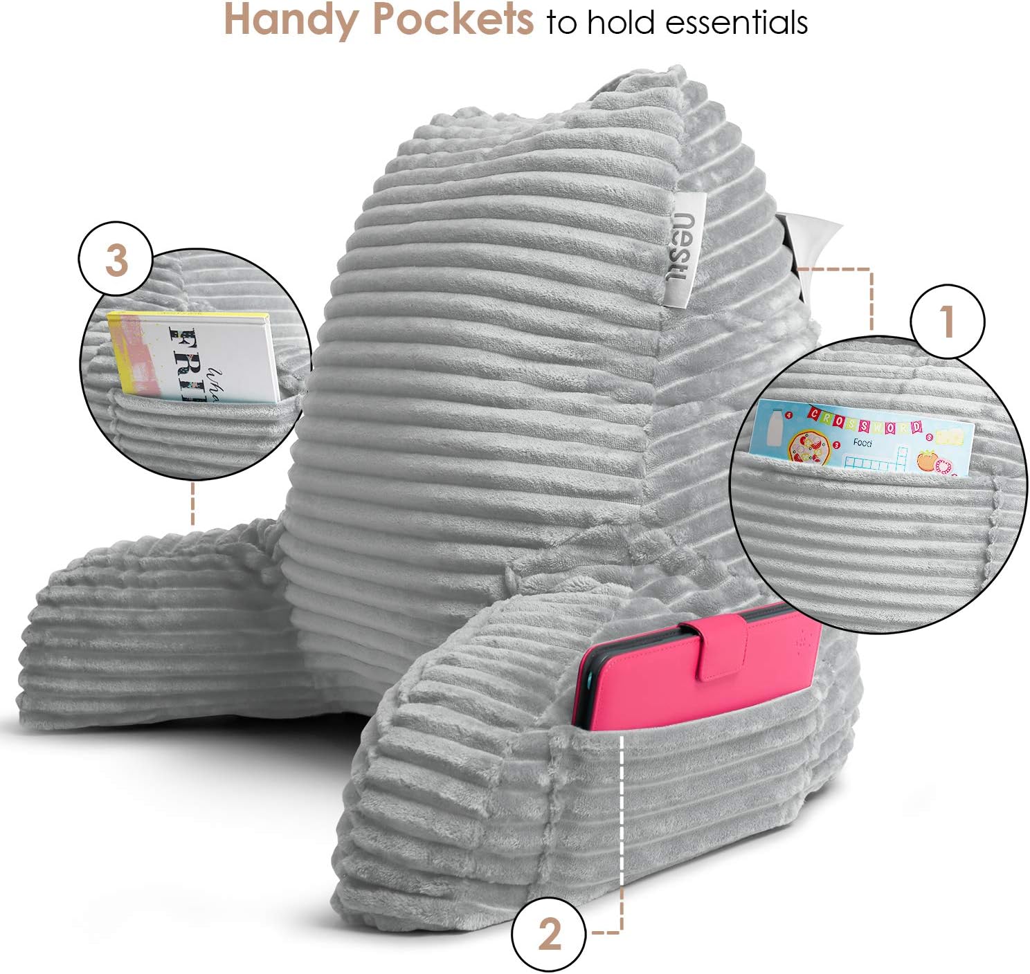 Hearth & Harbor Reading Pillow for Bed Adult – Back Pillow for Sitting in Bed, Standard Bed Pillows for Sitting Up in Bed, Foam Bed Chair Pillow, Light Grey Bed Rest Pillow