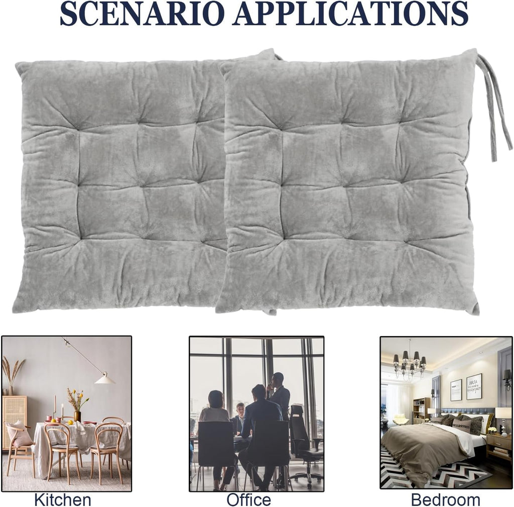 2 Pack Square Seat Cushion Chair Pads for Kitchen Dining Chairs, Soft Comfort Velvet Chair Mat Pillow Cushions with Ties for Office Desk Living Room Tatami 15.5", Gray