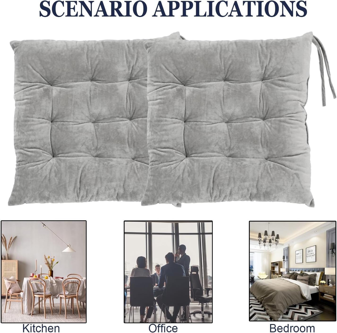 2 Pack Square Seat Cushion Chair Pads for Kitchen Dining Chairs, Soft Comfort Velvet Chair Mat Pillow Cushions with Ties for Office Desk Living Room Tatami 15.5", Gray