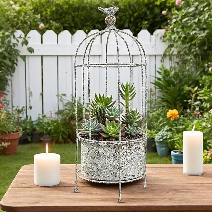 Rustic Vintage Birdcage Planter on Stand Farmhouse Distressed Decorative Metal Round Plants Holder Flower Pot with Latch Lock Closure for Garden Patio Yard Home Outdoor Balconies Decor